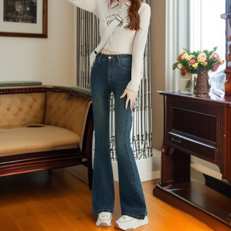 小さめハイウエストワイドジーンズ女性春春スリム細めマイクロフレアワイドパンツ