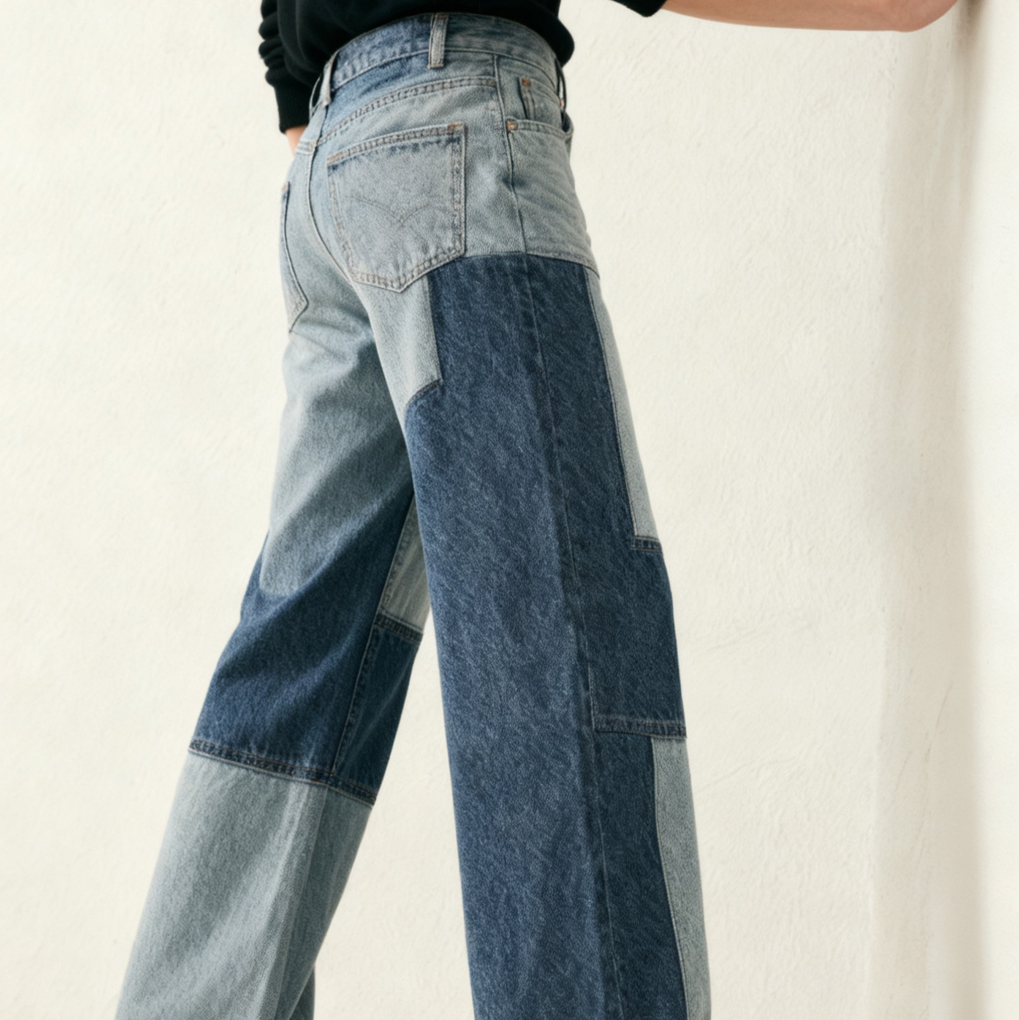 빈티지 컬러블록 와이드 데님 팬츠