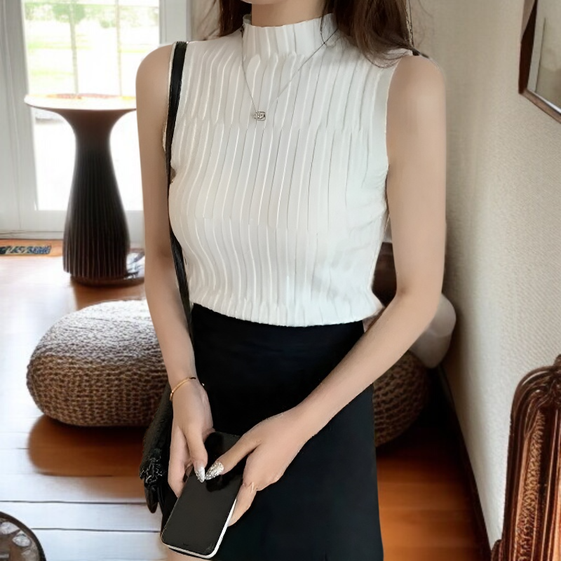 夏新作レトロハイネックスリムフィットニットトップス（女性用、ノースリーブ、万能ベースレイヤーベスト）