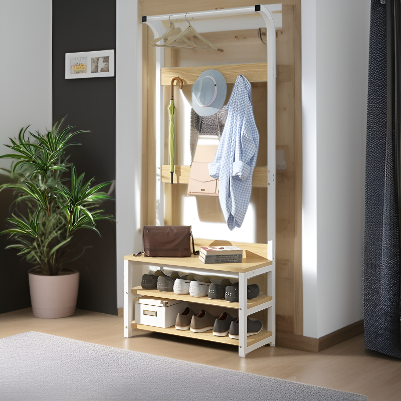 Wooden Hallway Stand with Integrated Hooks and Shoe Rack