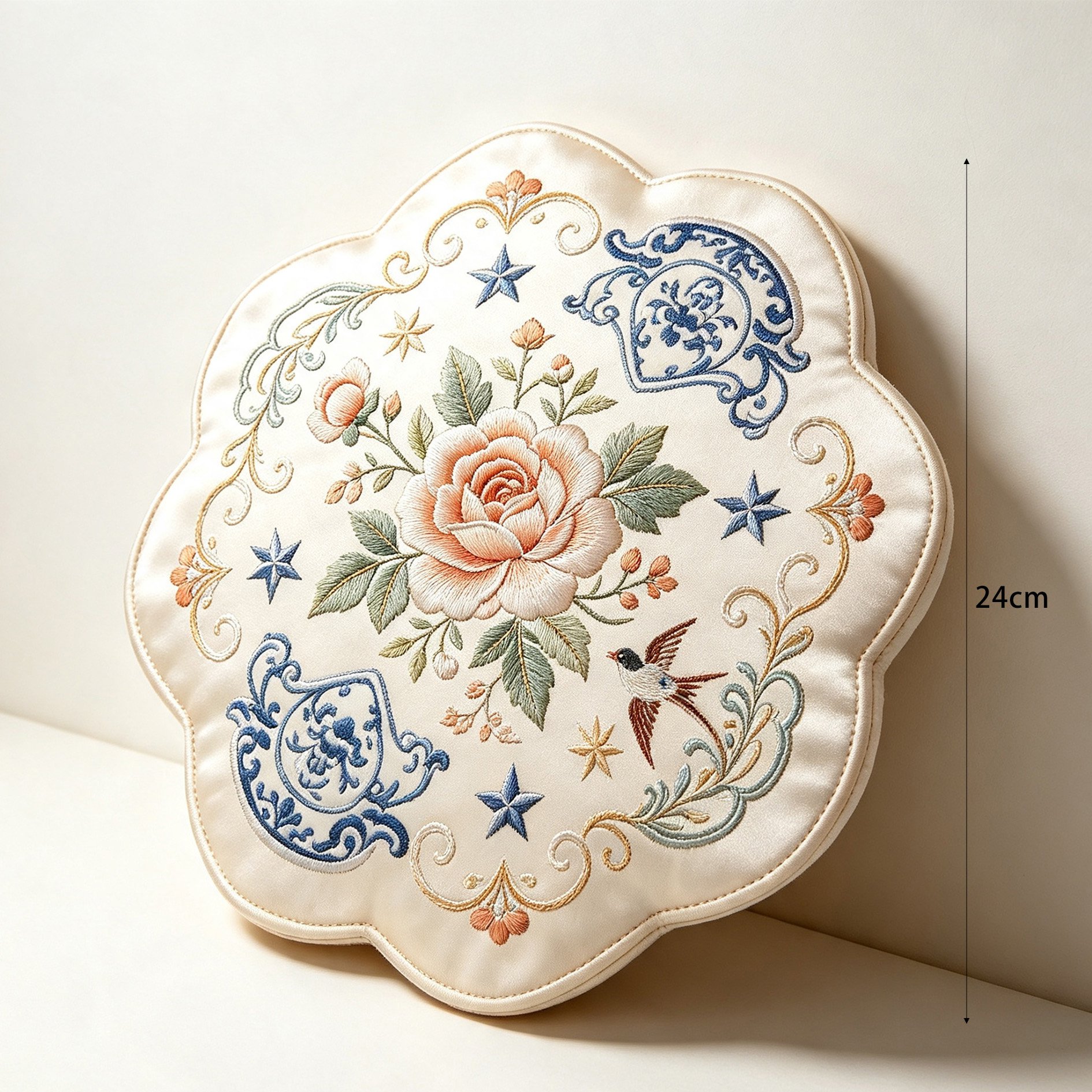 Peony Embroidered Cushion with decorative throw blanket