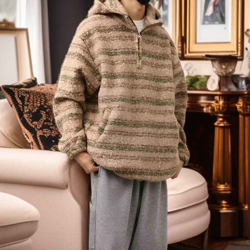 2026年春夏新作 メンズ トレンドのストライプ柄ルーズウールコートとレトロルーズニット