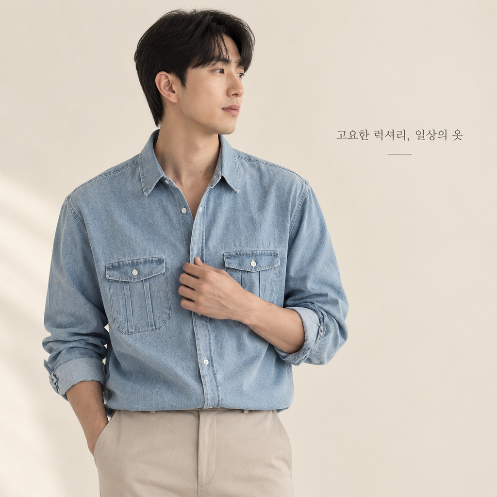봄가을 시즌 루즈핏 남성 워싱 빈티지 데님 셔츠