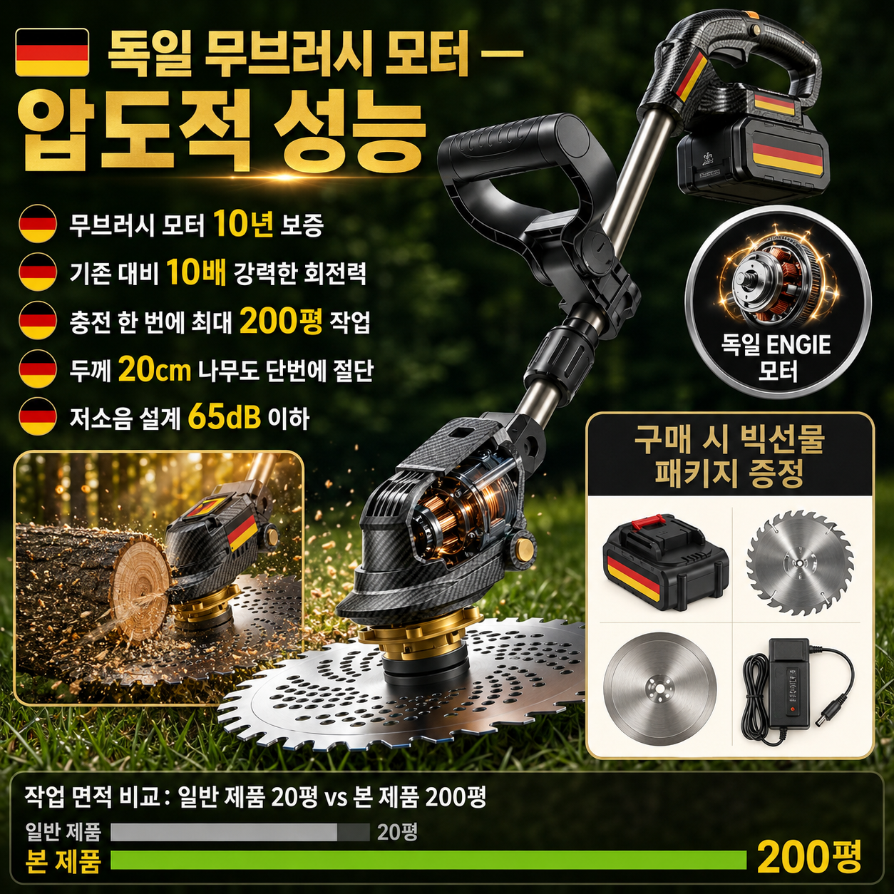 【1분 만에 100제곱미터를 손질합니다.】⭐분당 18,000회 회전의 전동 무브러시 모터, 20cm 나무도 쉽게 절단 가능합니다.