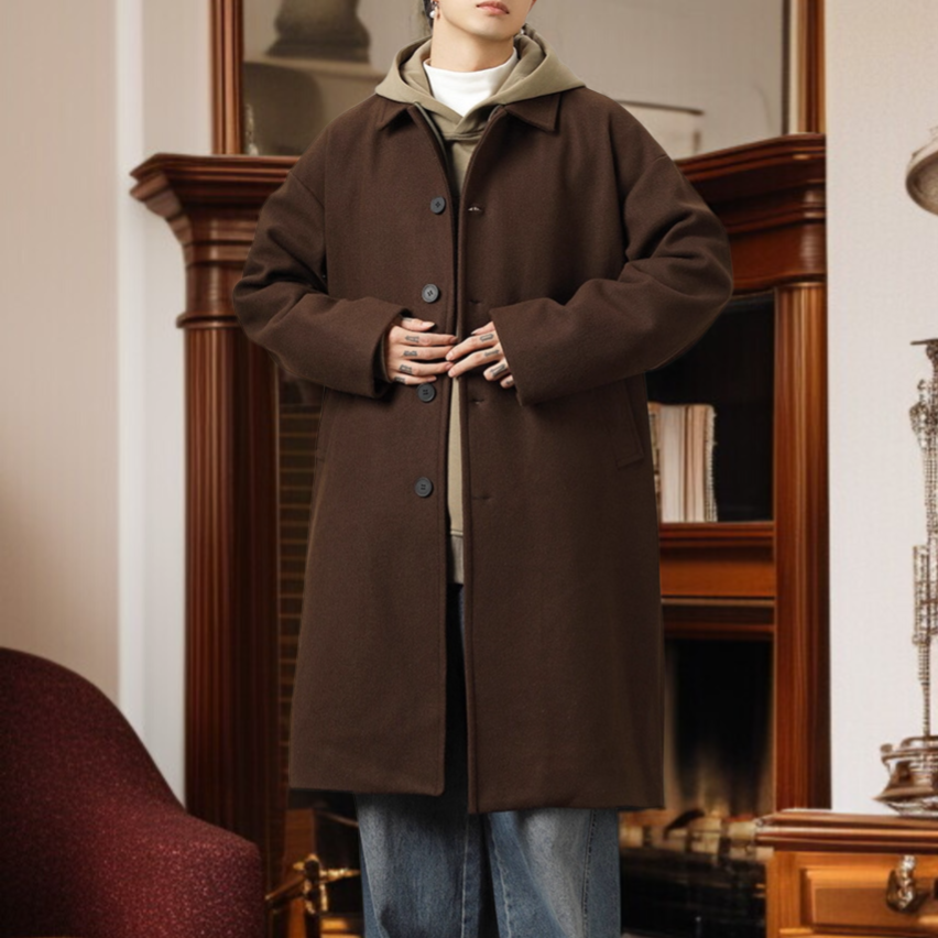 秋冬新作 メンズダブルフェイスウールコート ロング丈 防風 日本スタイル ゆったり厚手襟付き