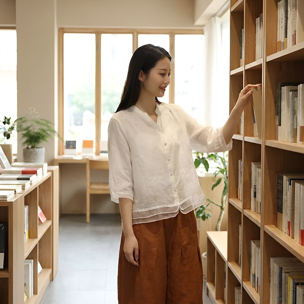 気質パッチワークデザイン スリム見せ文芸風レディースシャツ