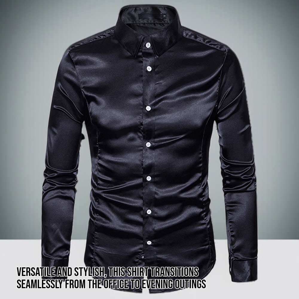 Front view of men's shiny hanging business long sleeved shirt