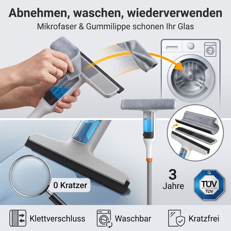 Effizientes Fensterreinigungsset mit Wasserstrahl (inklusive Ersatzbezügen und Abziehern)