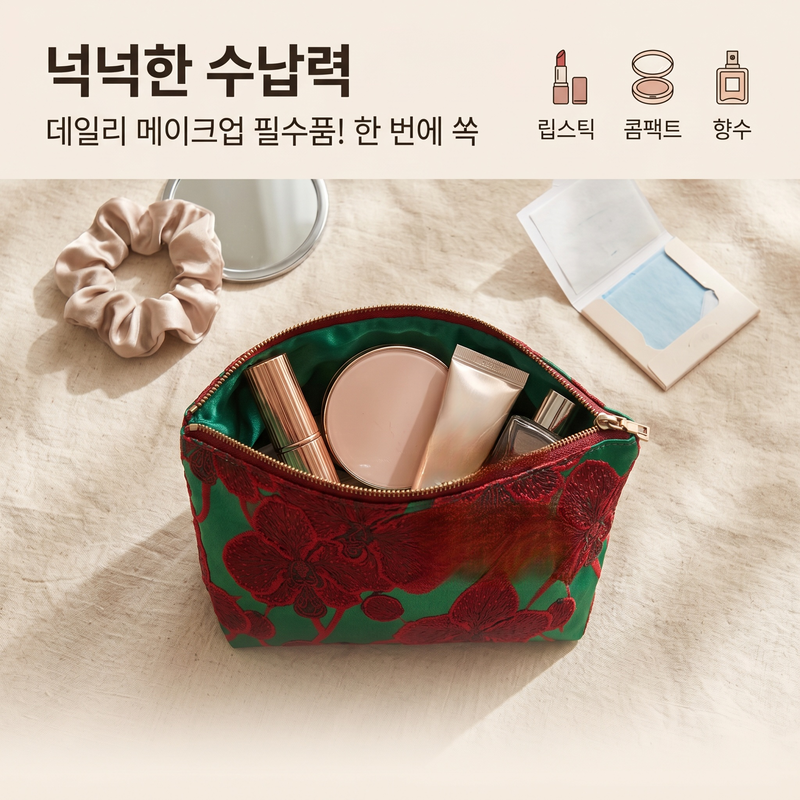 석류꽃 무늬 레트로 화장품 파우치, 휴대용 수납 파우치