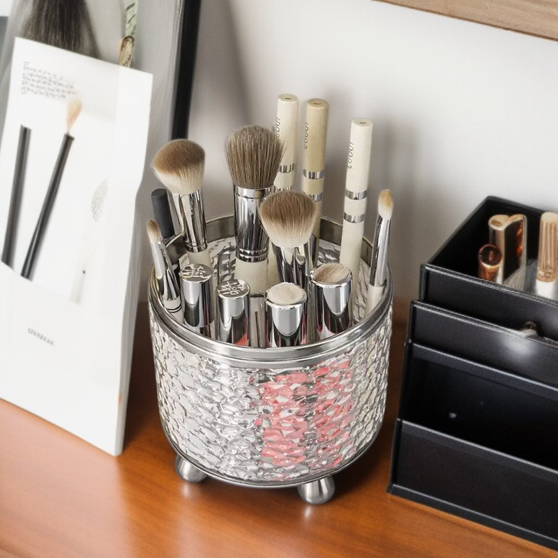 Transparent cosmetic storage box with rotating design on desktop