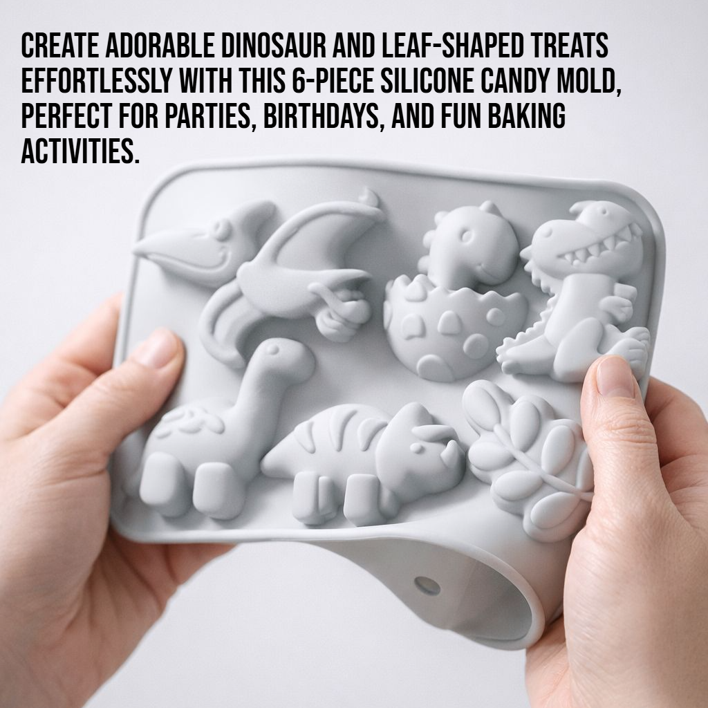 Six-piece dinosaur and leaf shaped silicone candy mold set