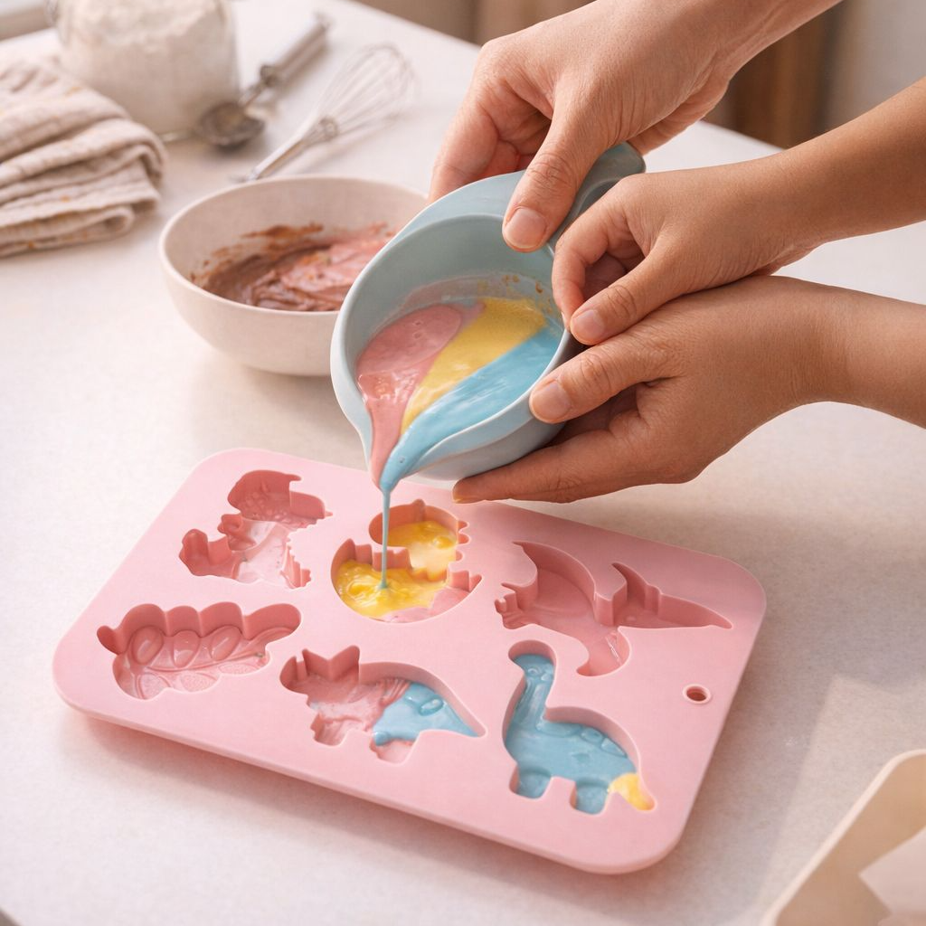 Assorted dinosaur and leaf candies made with silicone mold