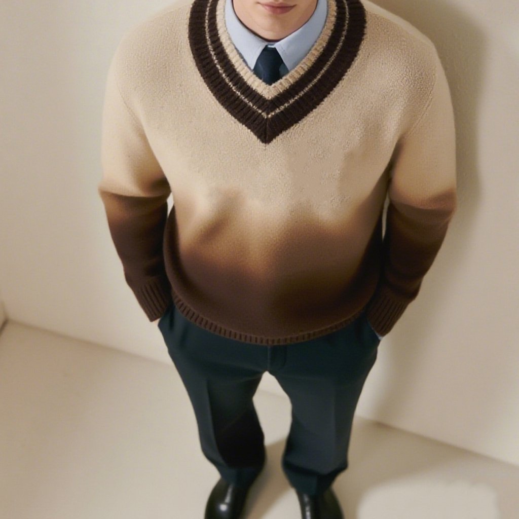 여성 모델이 착용한 그러데이션 브이넥 니트 스웨터