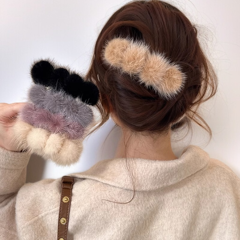 復古仿水貂毛絨髮夾半紮發彈簧夾