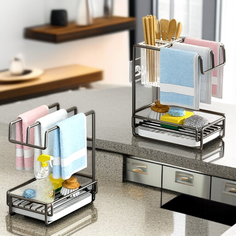 ที่วางของอเนกประสงค์สแตนเลสสำหรับก๊อกน้ำในครัว พร้อมลูกบอลลวดและผ้าเช็ดจาน