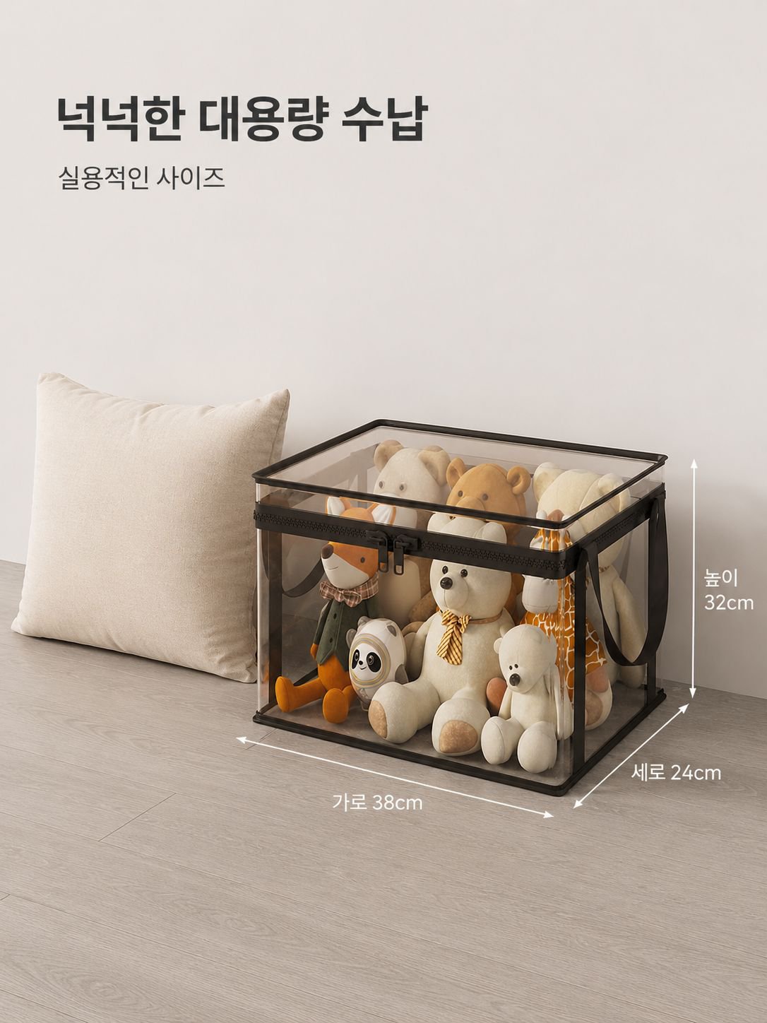 장난감이 정리된 투명 수납박스 내부 모습