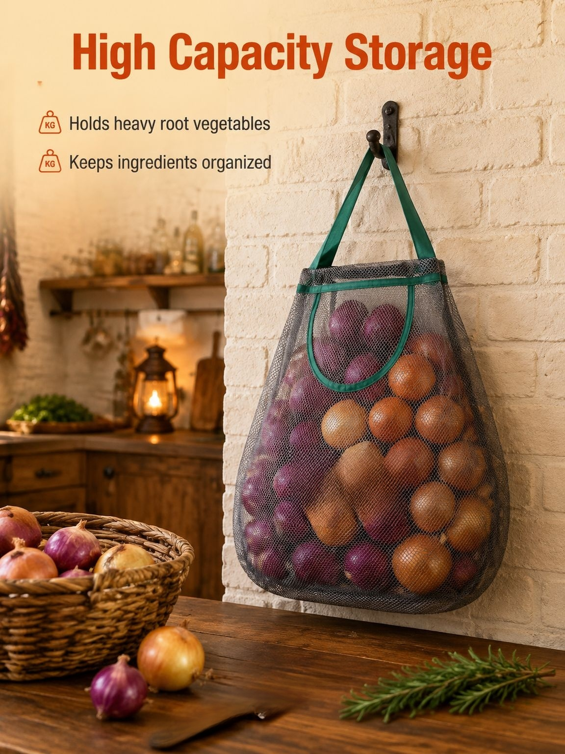 Wall-mounted Garlic & Ginger Organizer Bag, Kitchen Storage Mesh Sack