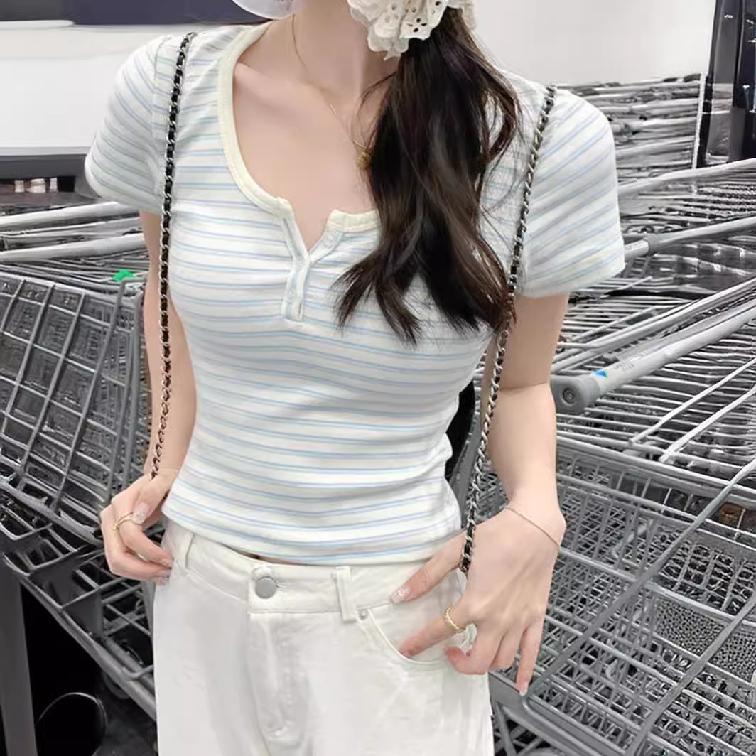 정어깨 스트라이프 반팔 티셔츠 여성 학생 숏 상의