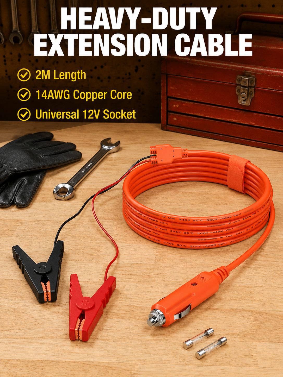 14AWG 2-meter car battery charging cable with cigarette lighter plug to alligator clip, 12V.