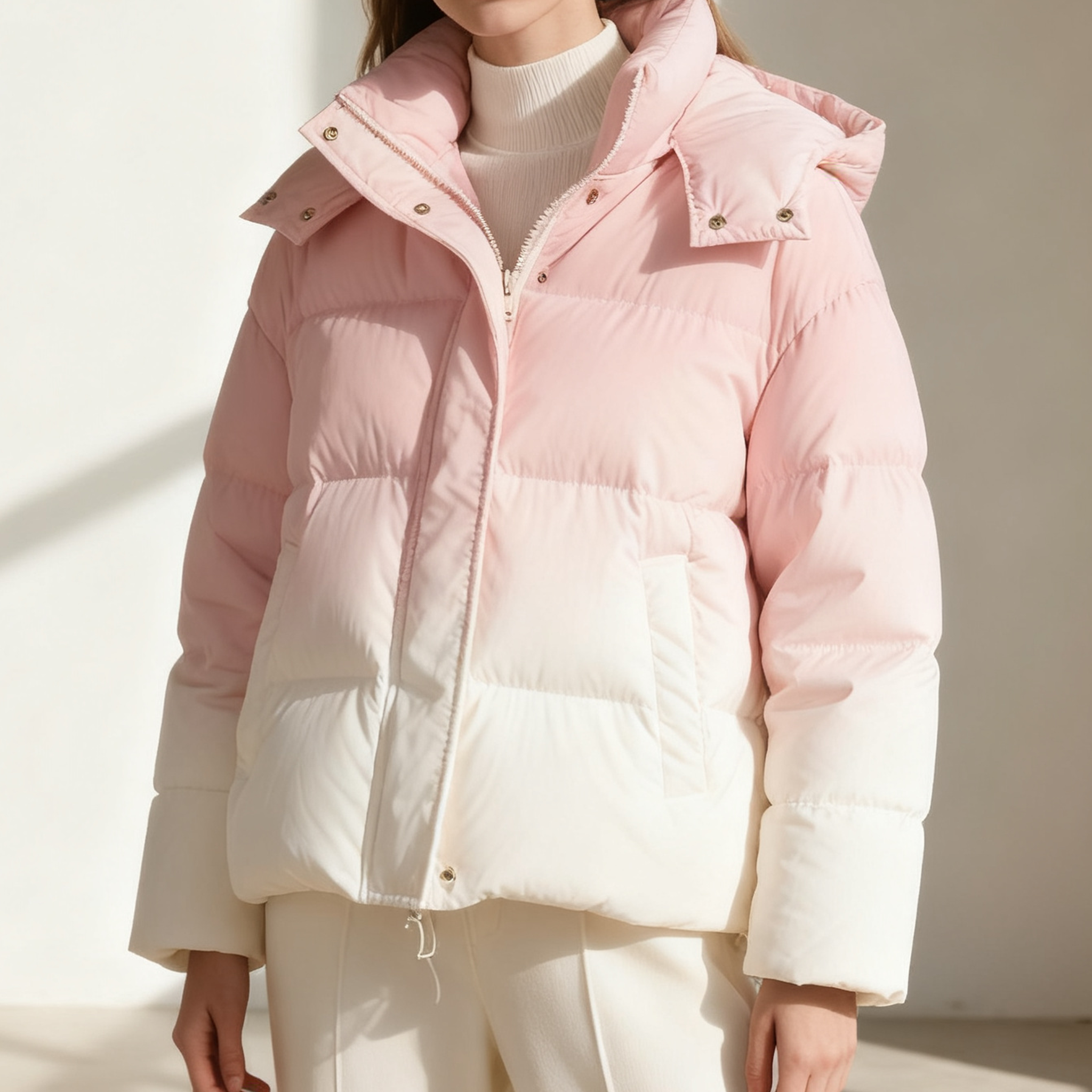 핑크 화이트 그라데이션 여성 숏 패딩