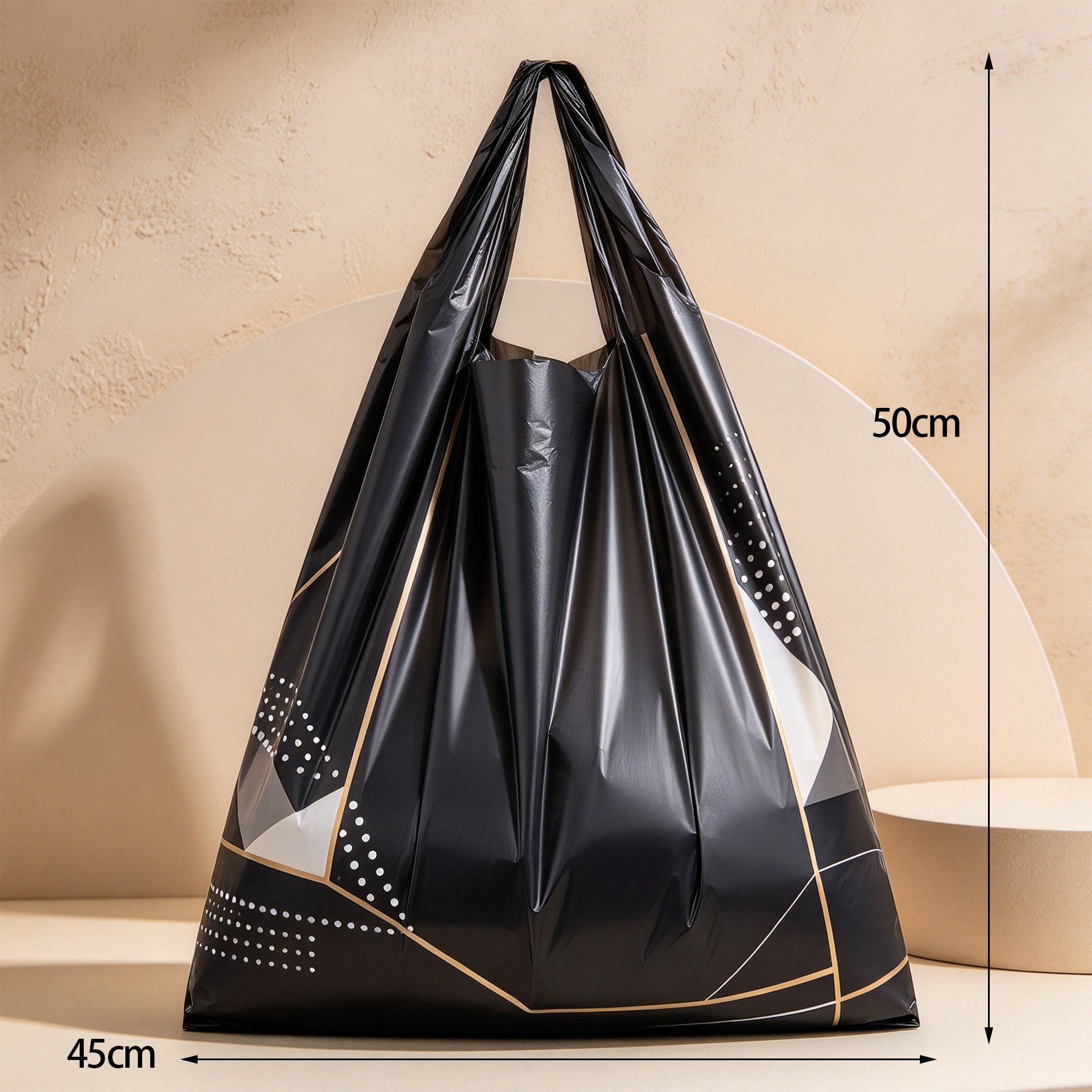 Black and gold patterned trash bag shown open for easy waste disposal