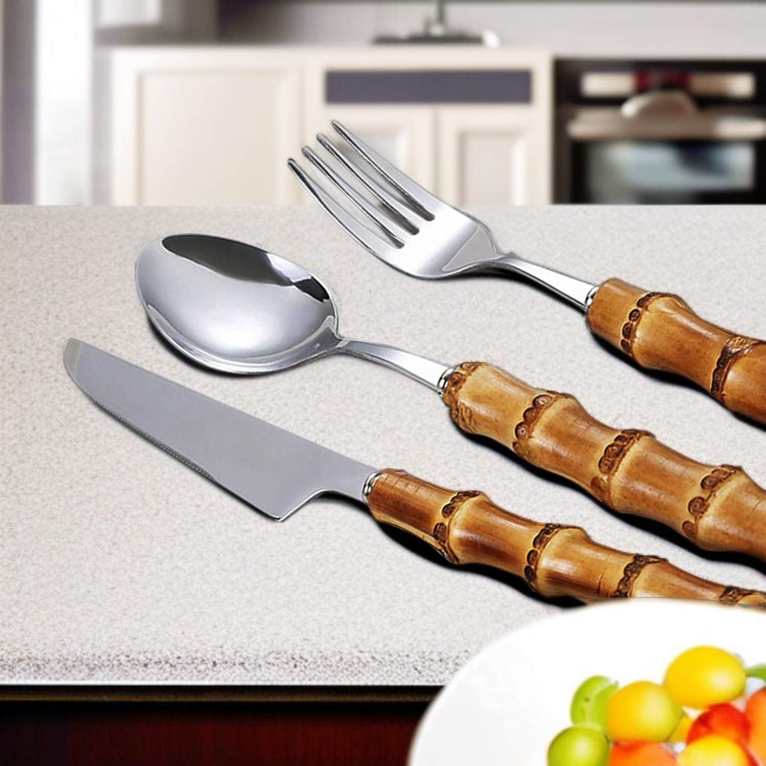 Natürliches Bambusbesteck-Set, handgefertigte Küchenutensilien mit Gabel und Löffel