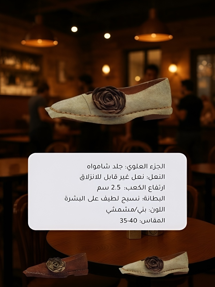 [تصميم فرنسي كلاسيكي] حذاء نسائي جلدي مصنوع يدويًا بمقدمة مربعة مزين بزهرة الكاميليا