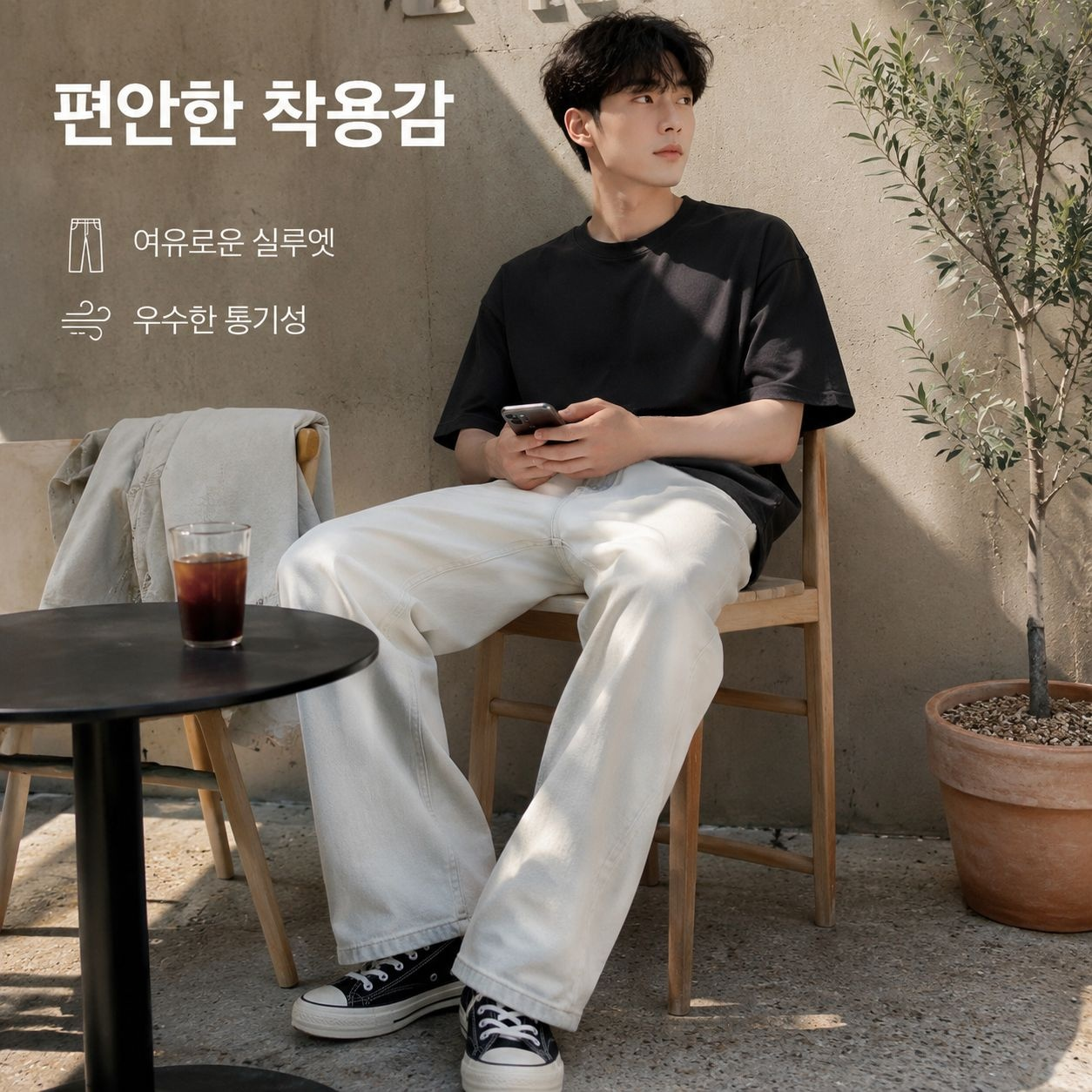 남자 화이트 스트리트 와이드 데님 워싱 팬츠