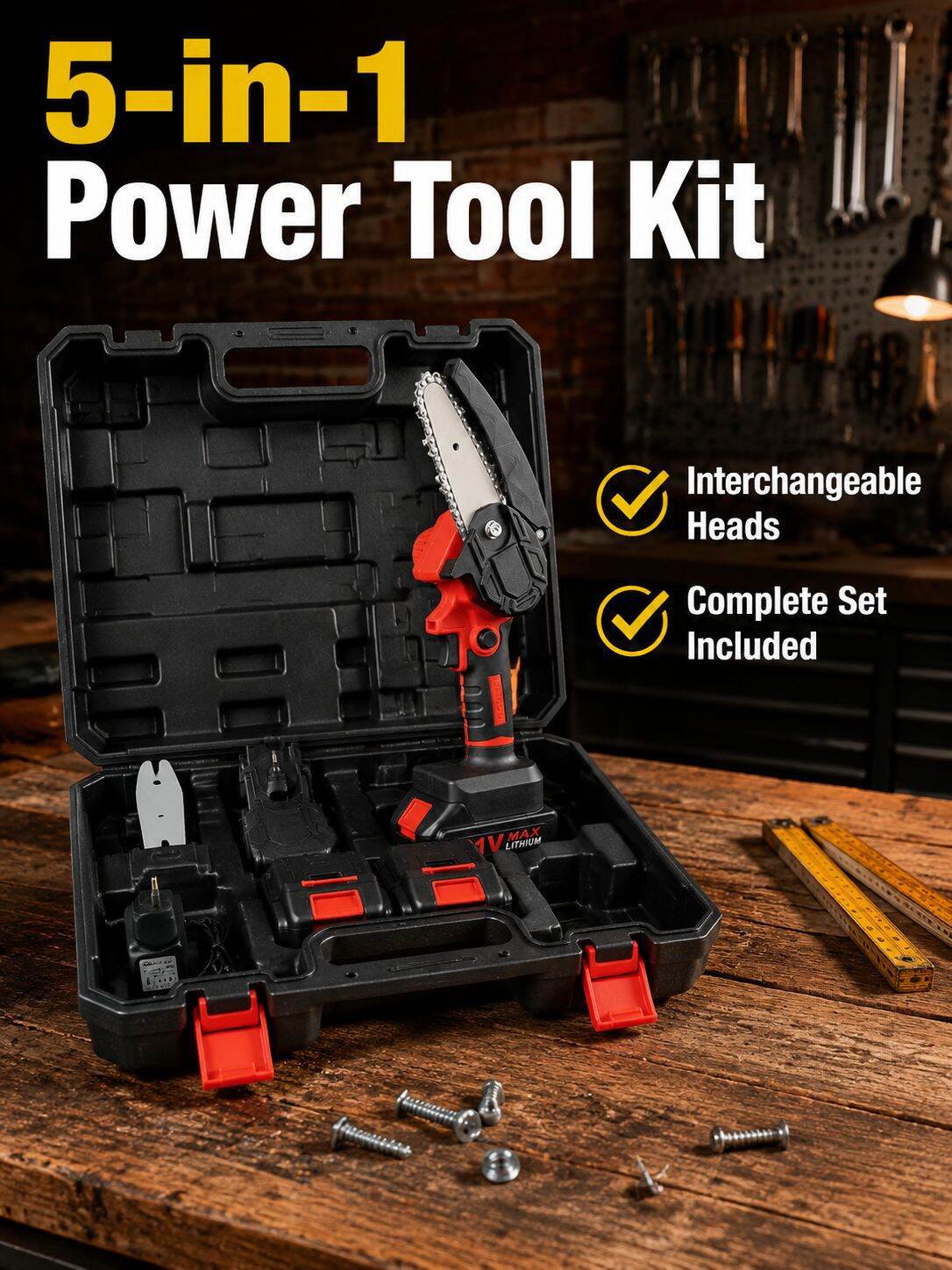 5-in-1 Professional Cordless Power Tool Kit (Impact Wrench/Angle Grinder/Hammer Drill/Hard Case)
