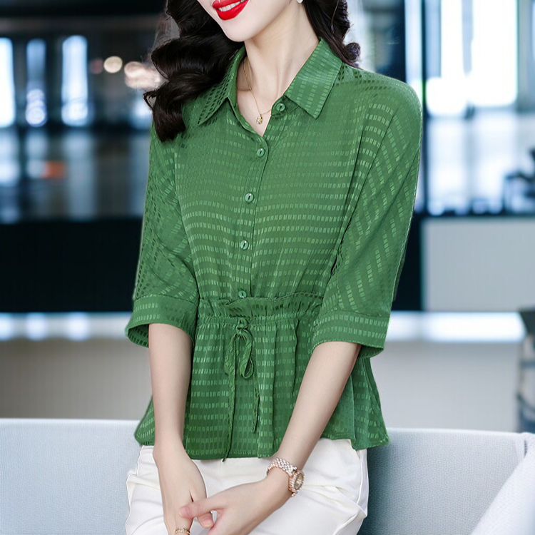 디자인 5부 소매 실크 셔츠 여름 상의 여 루즈핏 여성 캐주얼 얇은 티셔츠 돌넥 조거 실크 셔츠