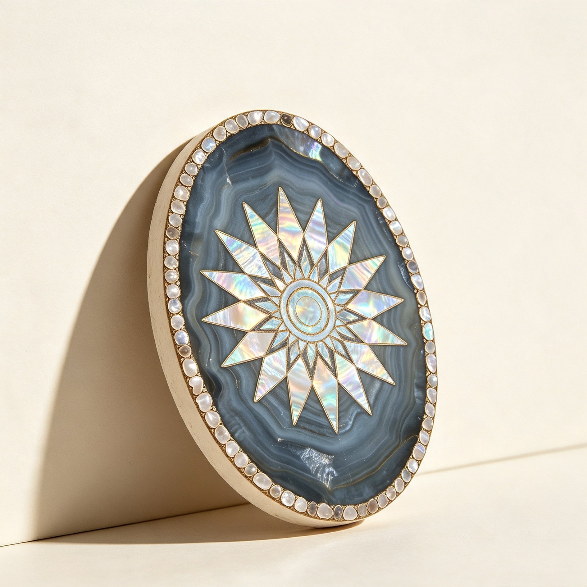 Mother-of-pearl and agate oval coaster