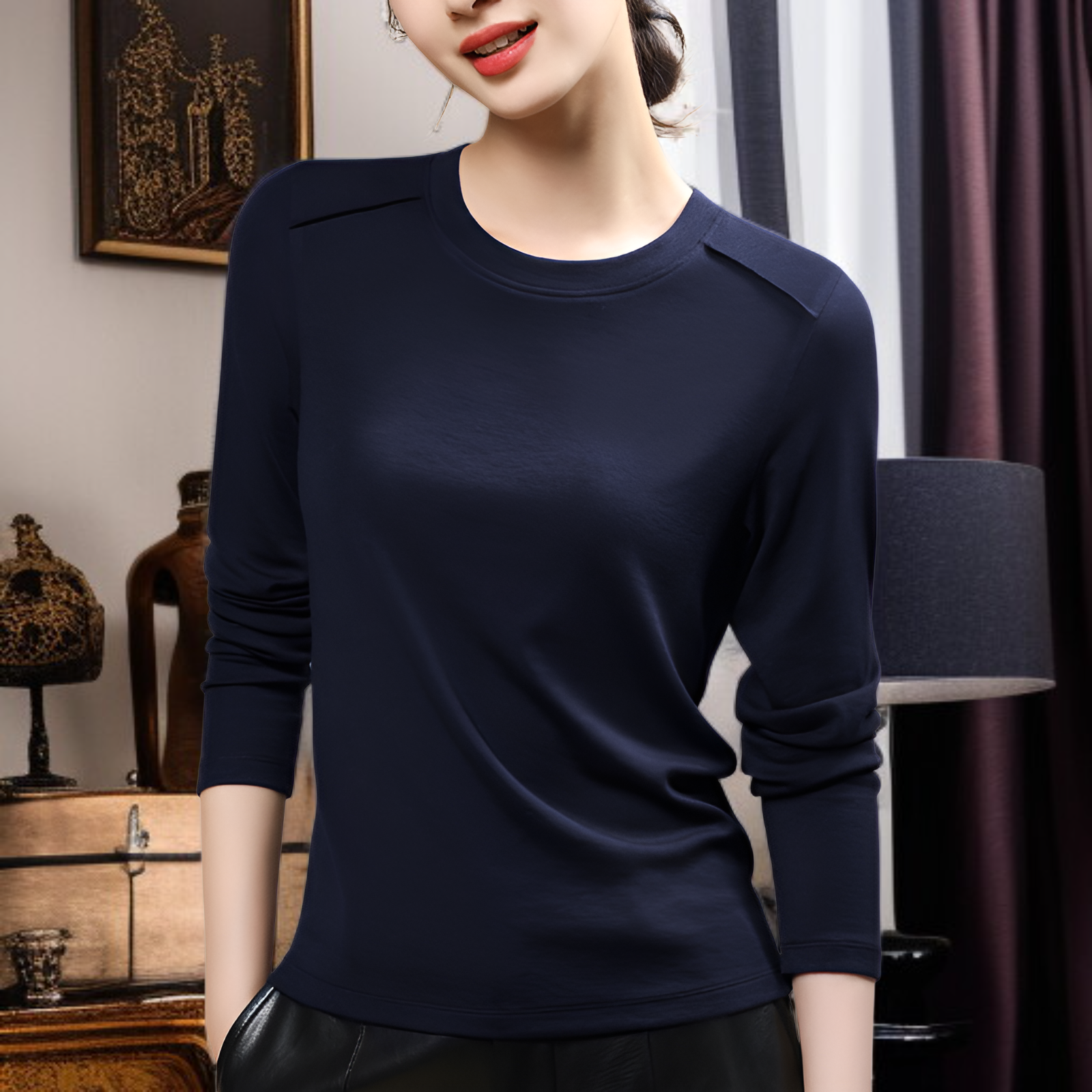 2025年秋冬新作 テンセルウール ベースレイヤー Tシャツ 暖かい 防寒 肌に優しい 通気性 着痩せ 伸縮性のある肩 ラウンドネック 長袖 レディース Tシャツ