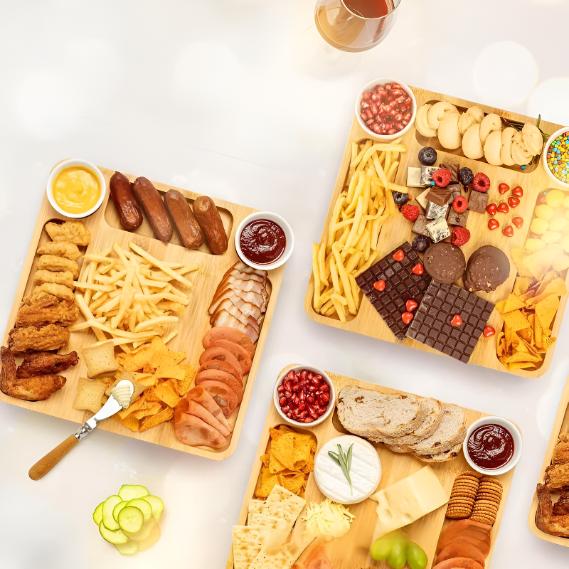 多機能竹製仕切りトレイ 蓋付きオードブル・フルーツ・チーズプレート