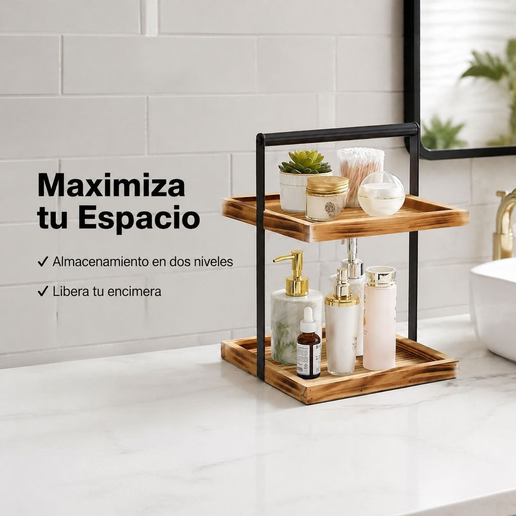 Estante de baño transfronterizo Estante de almacenamiento de doble capa combinado con hierro y mader