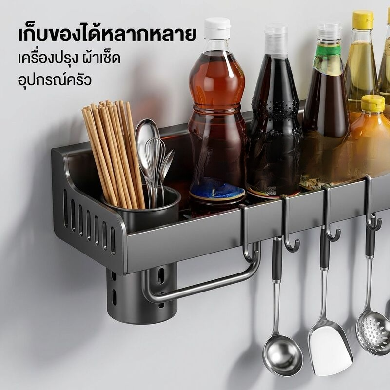 ชั้นวางเครื่องปรุงติดผนังพร้อมแท่งแขวนผ้าและตะขออุปกรณ์ครัว ชั้นจัดเก็บในห้องครัว
