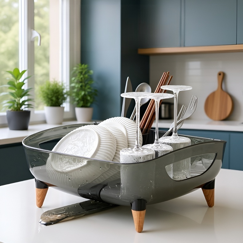 다양한 크기의 접시와 그릇 정리 선반