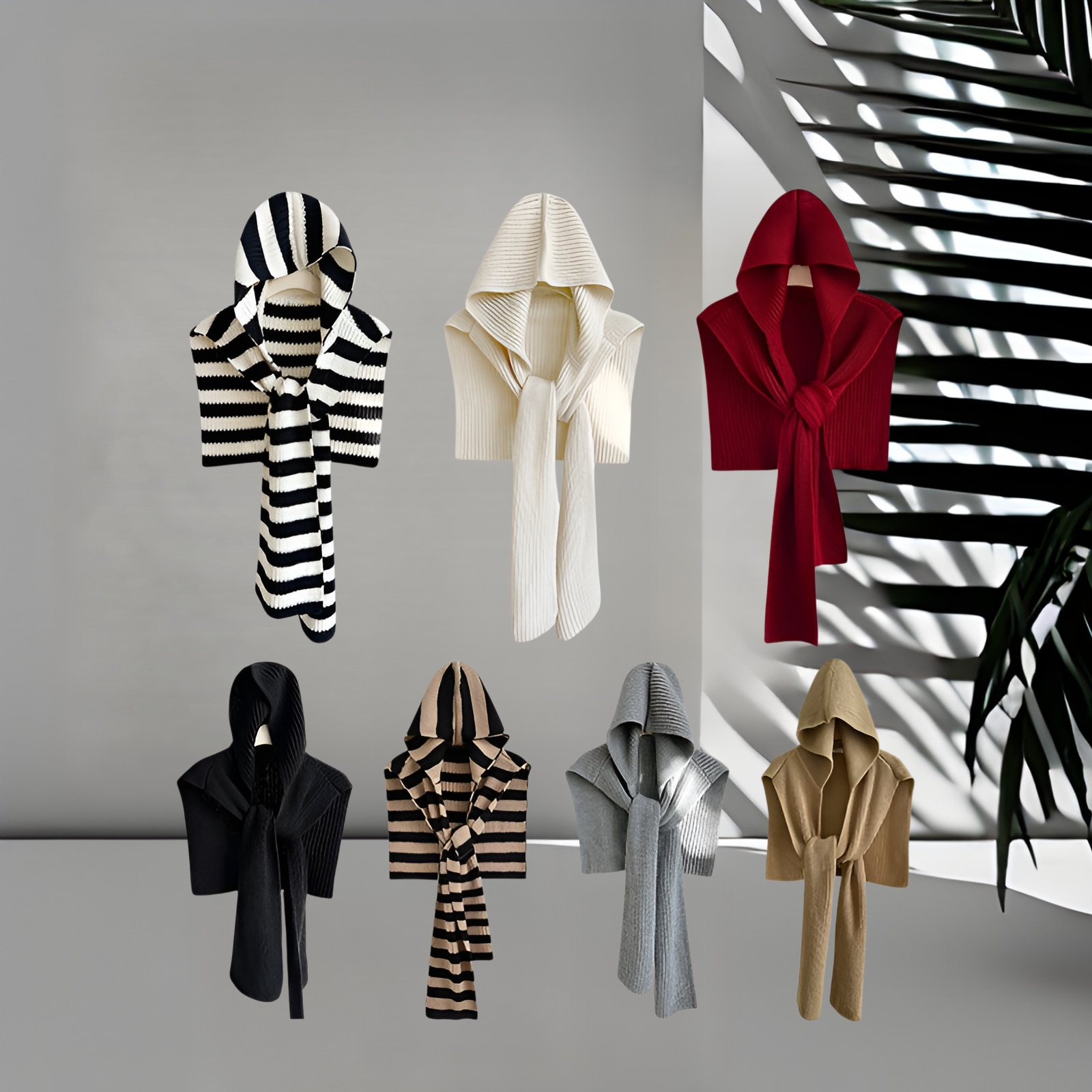 條紋針織連帽披肩 女秋冬新款 保暖圍巾帽 體外搭 護頸圍脖