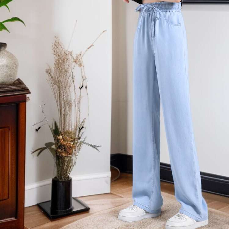 작은 키에 날씬해 보이는 밴딩 허리 일자 청바지 하이웨스트 텐셀 청바지 캐주얼 처짐 와이드 팬츠