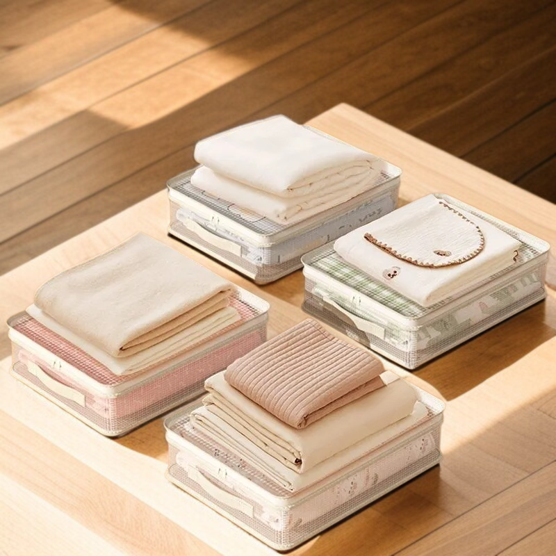 간절기 수납 가방 4종 세트 곰팡이 방지 의류 정리 가방 면 이불 수납 가방 칸막이 망사 옷장 수납 가방