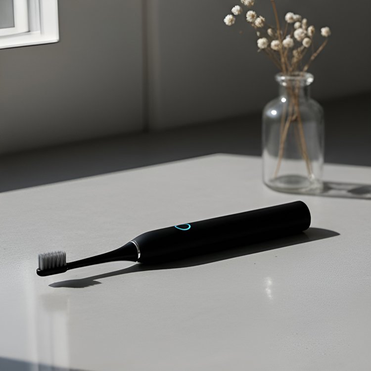 Detail hlavice černého elektrického zubního kartáčku