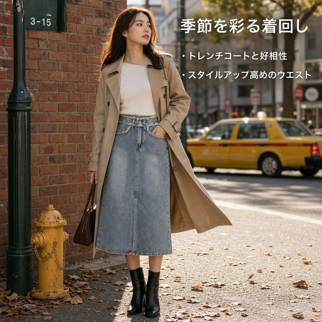 スリムに見せてくれる万能な黒のハイウエストデニムミディスカート