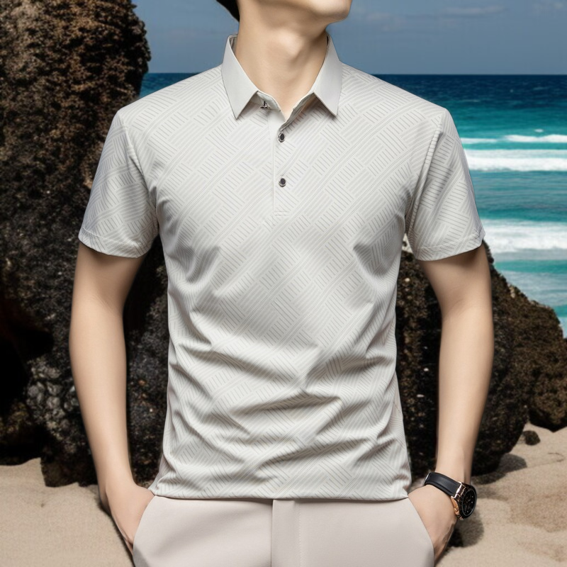 남자 아이스 실크 반팔 여름 아빠룩 캐주얼 상의 스킨 터틀넥 반팔 티셔츠 시원한 느낌 중장년 상의