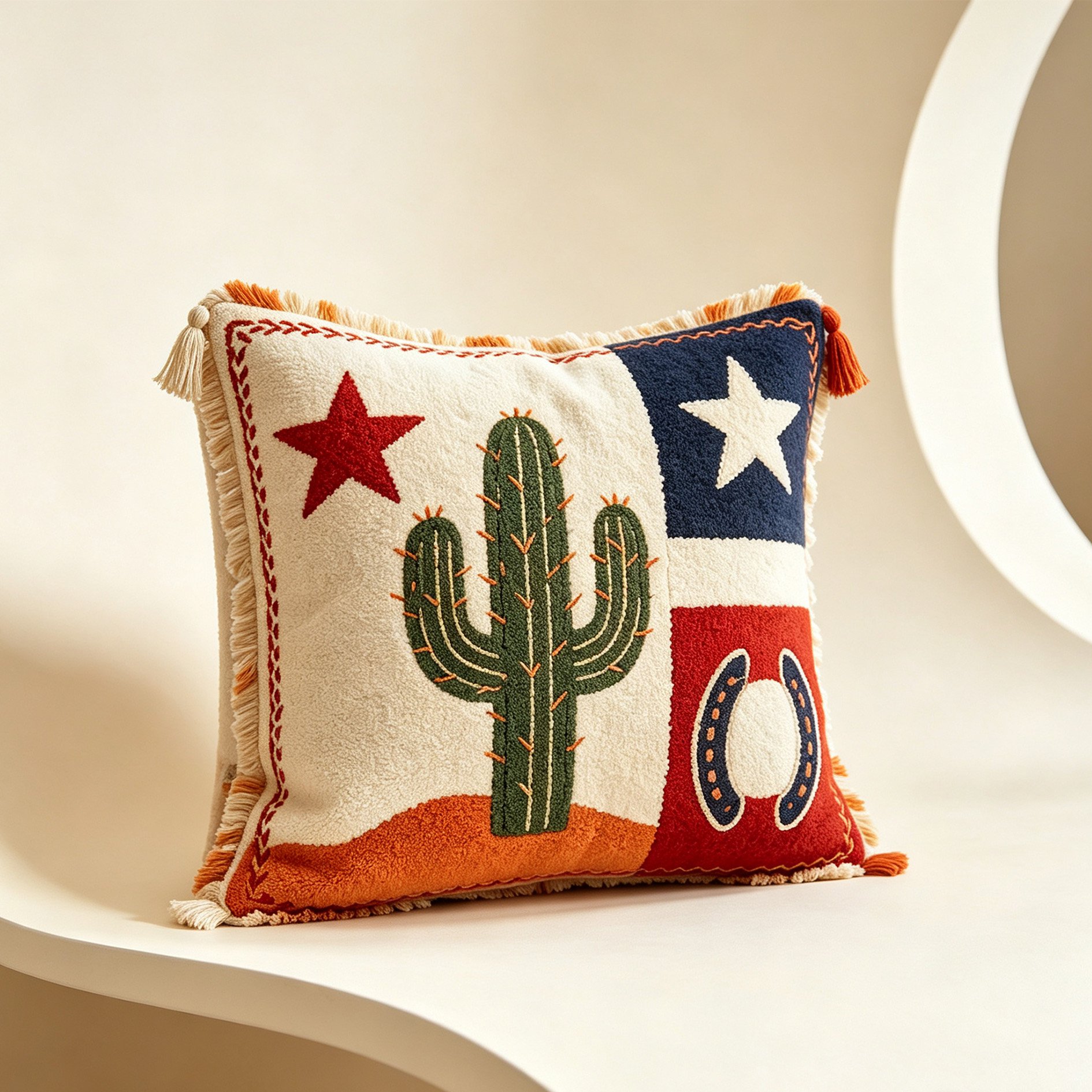 Western Cactus Horseshoe Embroidered Pillow