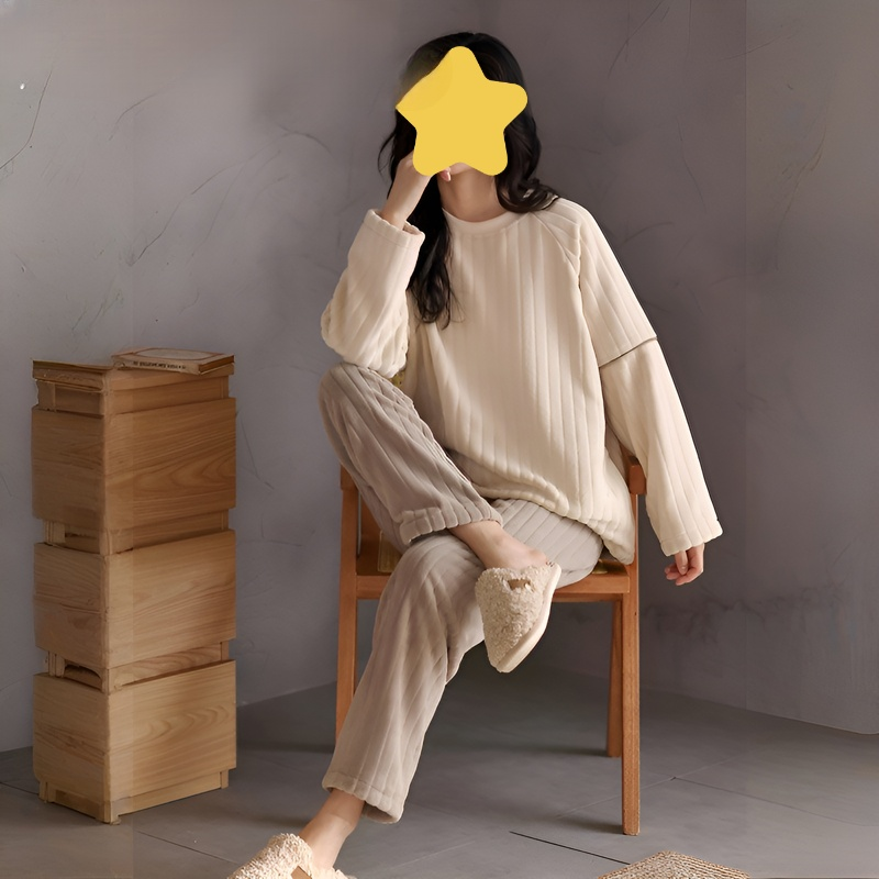 R-パジャマ レディース 冬用 コーラルフリース ラウンドネック プルオーバー プラス ベルベット 厚手 防寒 暖かい フランネル ホームウェア スーツ 秋冬