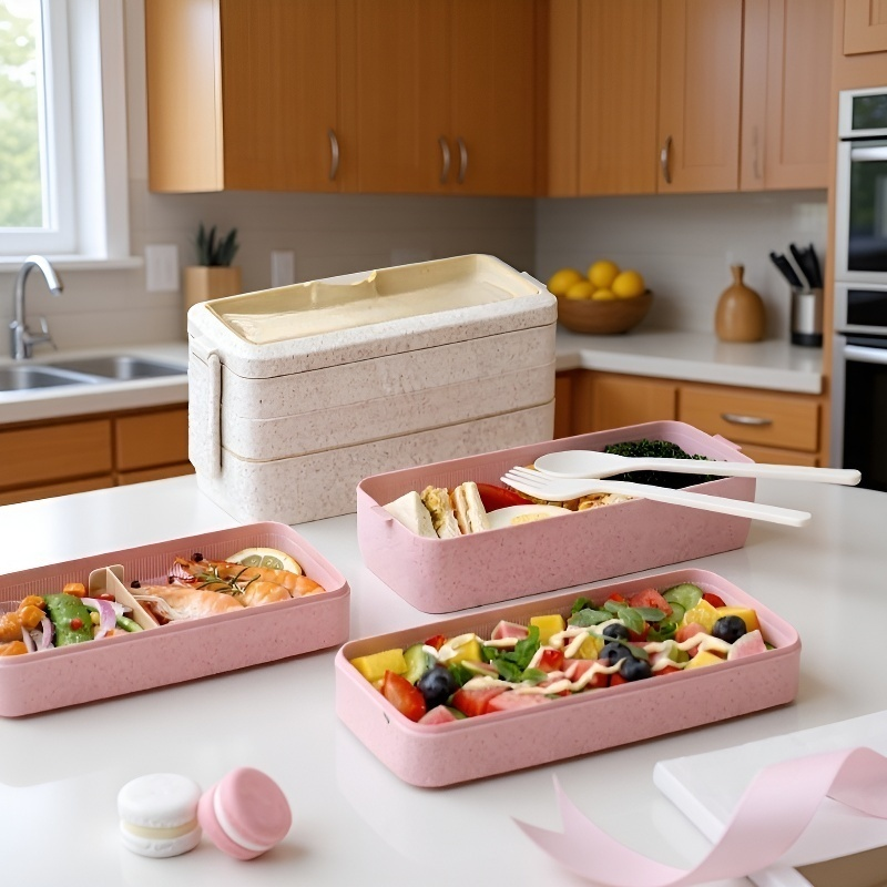 กล่องอาหารกลางวันสานจากฟางข้าวสาลีสไตล์ญี่ปุ่น 3 ชั้น