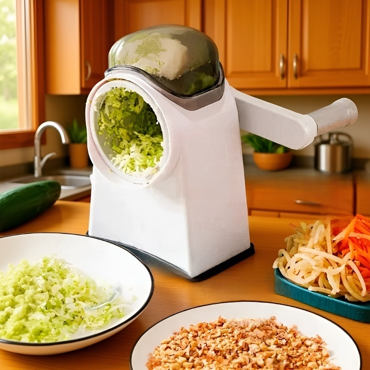 주방에서 채소 절단기 활용 장면