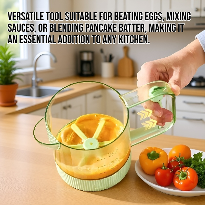 Hand-held egg beater with press mechanism