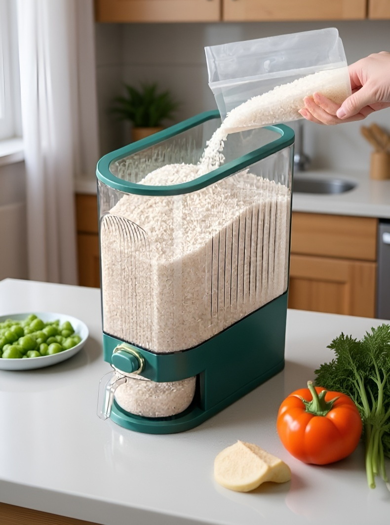 Transparent rice storage container with dispenser