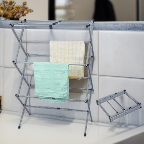 ราวตากผ้าพับได้แบบตั้งพื้น X-Shape สำหรับระเบียงและห้องน้ำ พร้อมชั้นวางหลายชั้น