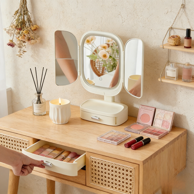 Faltbarer Schminkspiegel mit Beleuchtung und Aufbewahrungsschublade, unverzichtbar für Badezimmer
